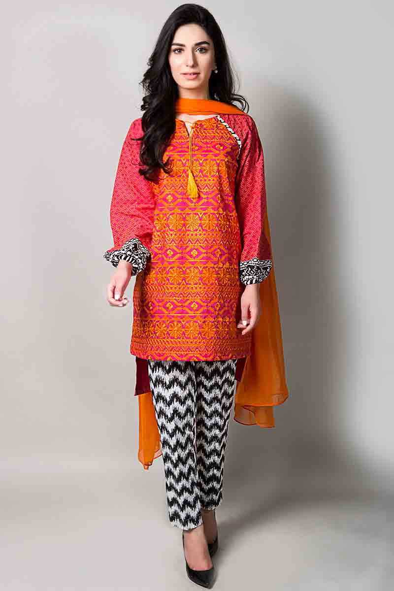 orange short shirt with matching dupatta and printed black and white trousers latest maria b fancy party wear eid dresses 2017 with price for girls