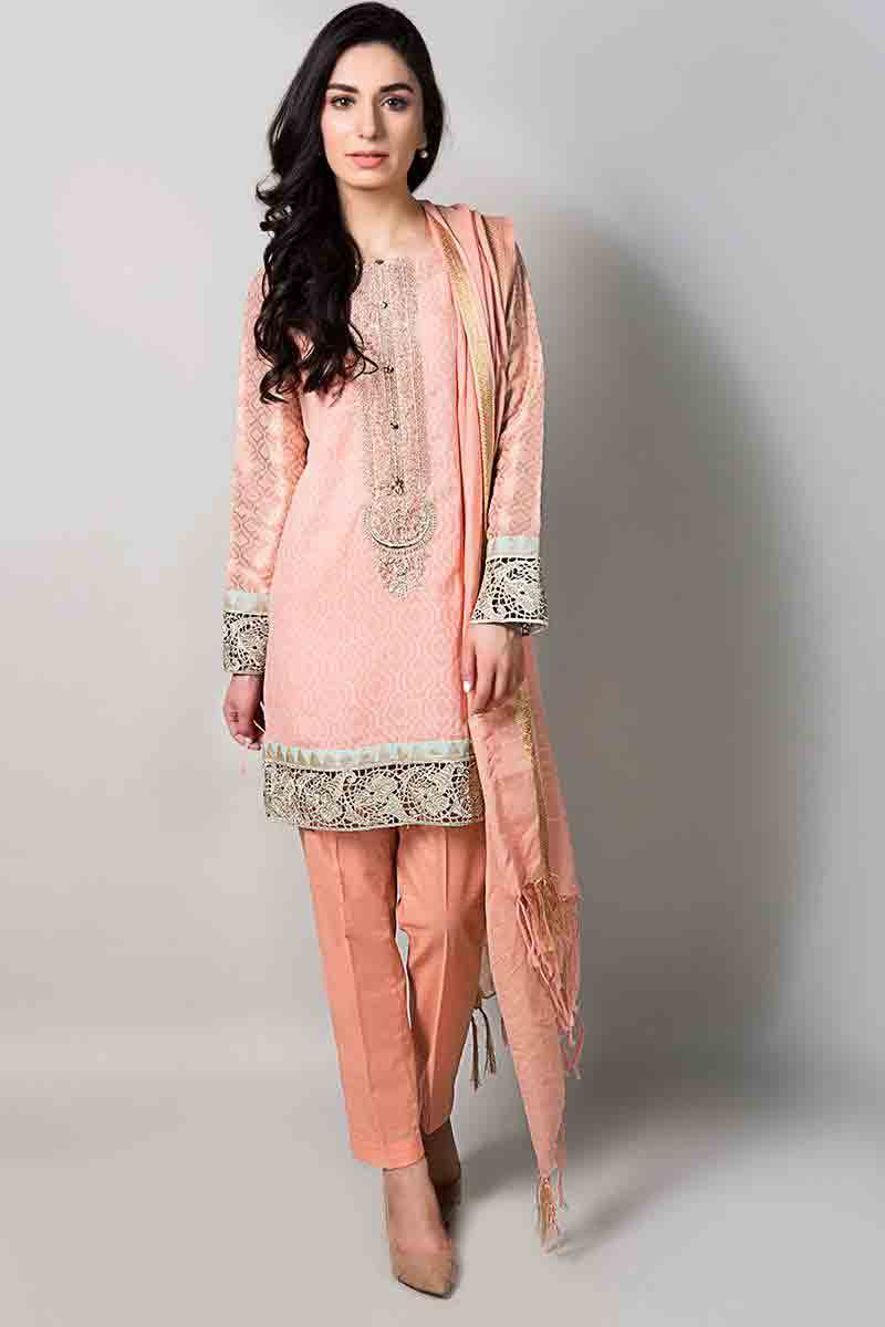 fancy peach short shirt with matching dupatta and trousers latest maria b fancy party wear eid dresses 2017 with price for girls