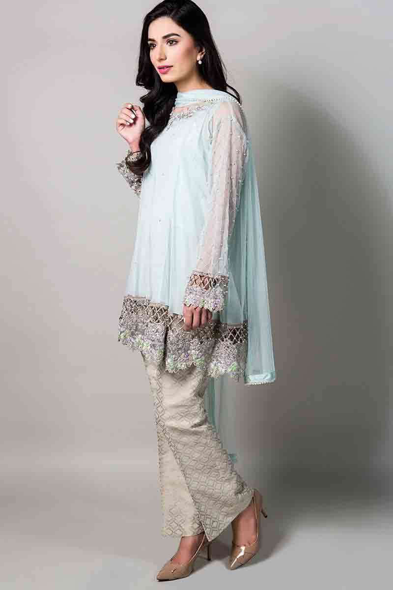 sky blue net kurti with matching dupatta and pants latest maria b fancy party wear eid dresses 2017 with price for girls