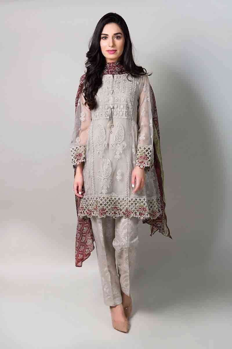 Gray net short shirt with matching dupatta and pants latest maria b fancy party wear eid dresses 2017 with price for girls