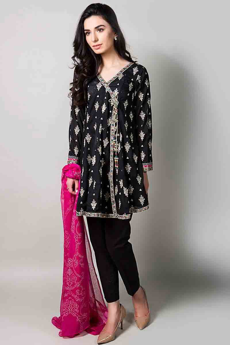 black front open shirt with shocking pink dupatta and black pants latest maria b fancy party wear eid dresses 2017 with price for girls