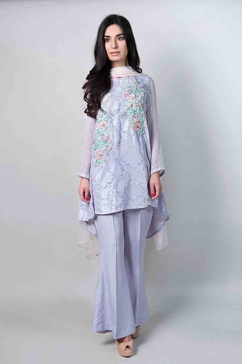 latest light blue short shirt with matching dupatta and trousers latest maria b fancy party wear eid dresses 2017 with price for girls