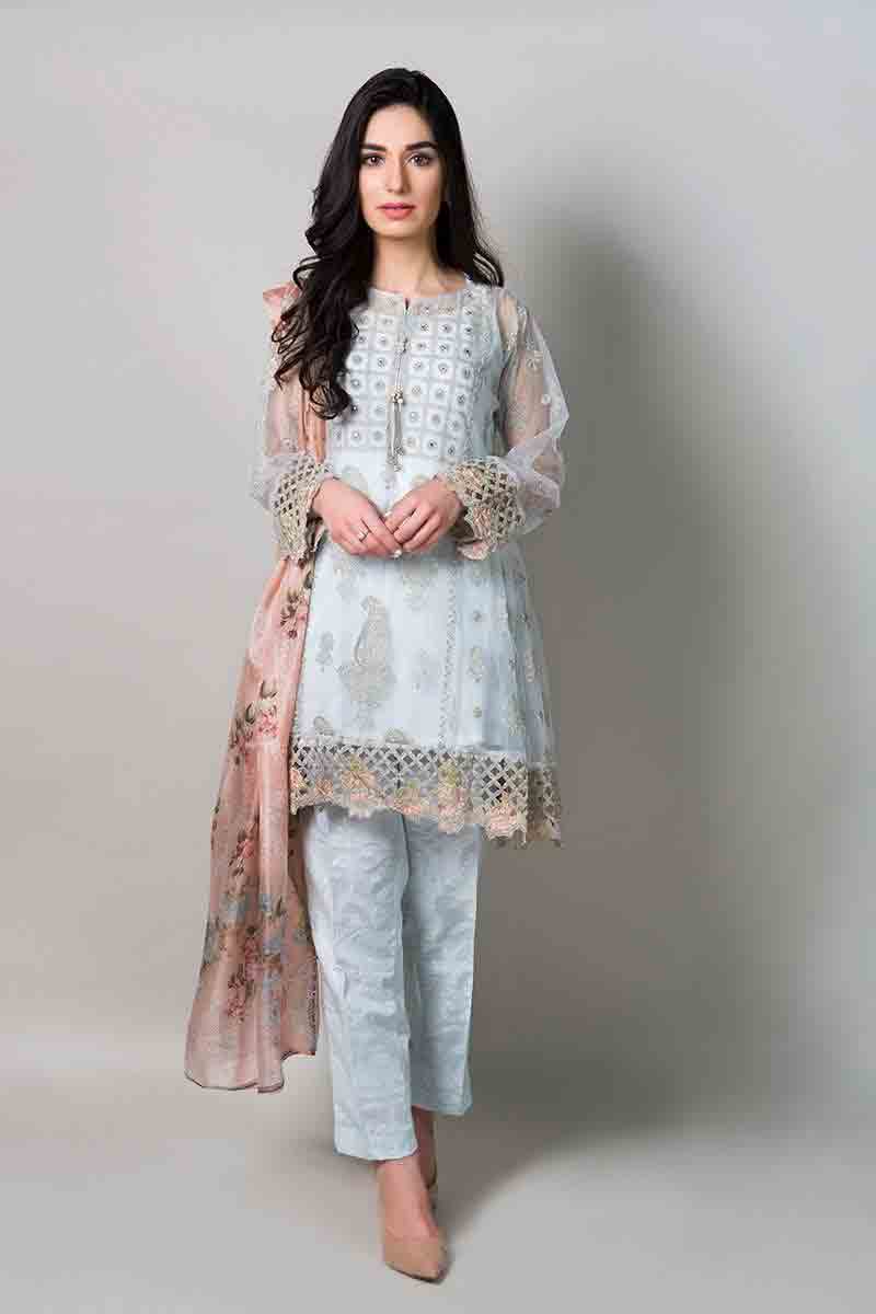 new sky blue short shirt with matching dupatta and trousers latest maria b fancy party wear eid dresses 2017 with price for girls