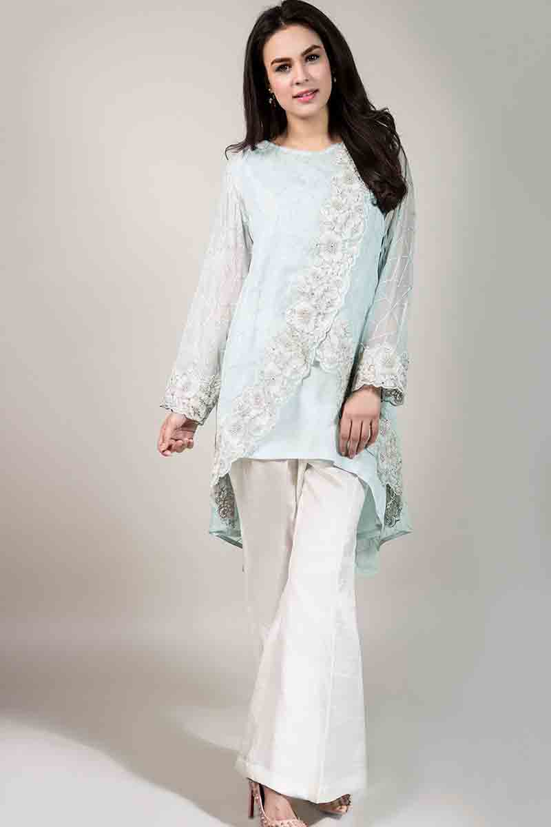 sky blue net shirt with embroidery and white pants latest maria b fancy party wear eid dresses 2017 with price for girls 