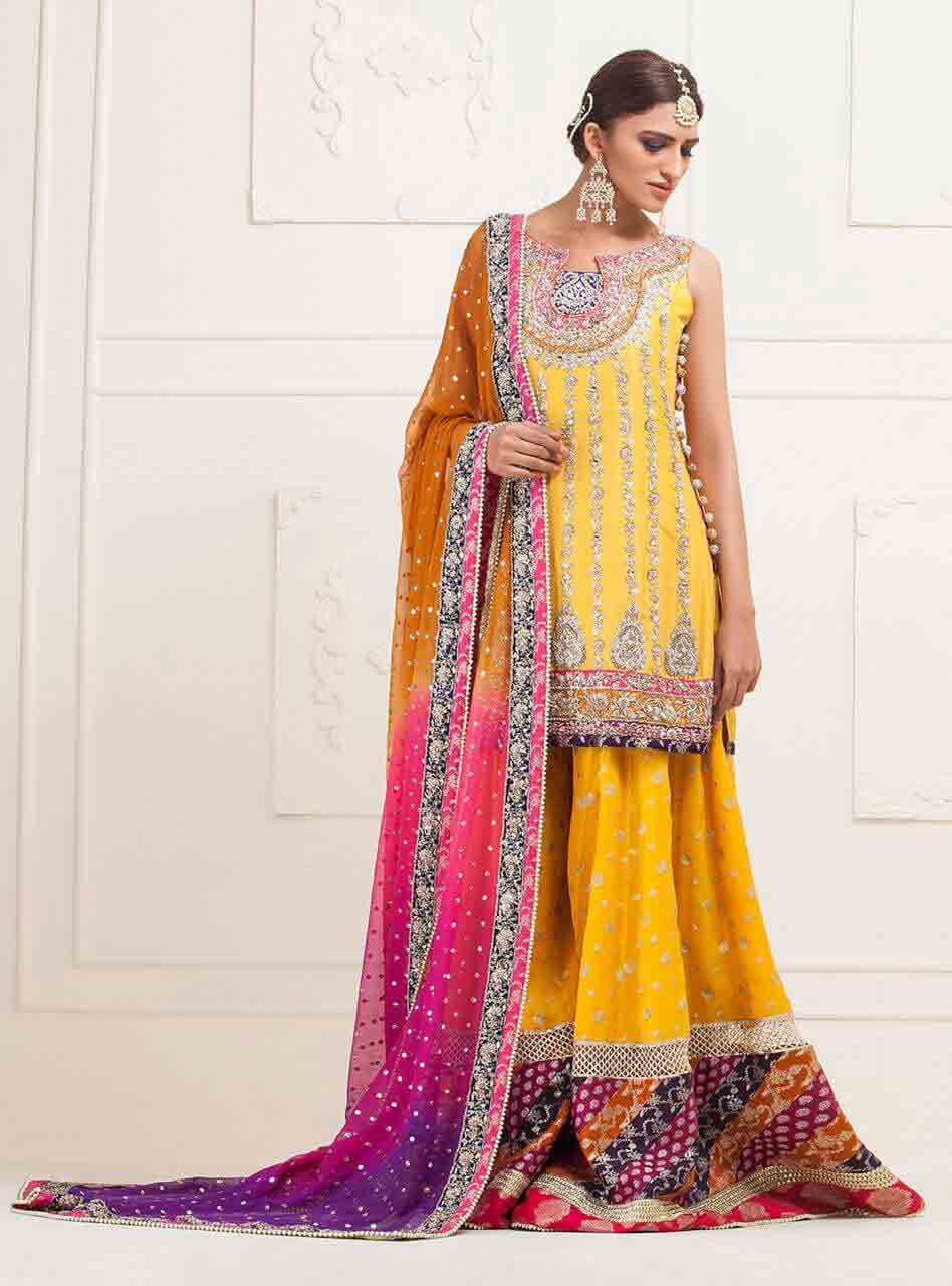 pakistani designer bridal mehndi dresses with prices, mehndi dress for brides