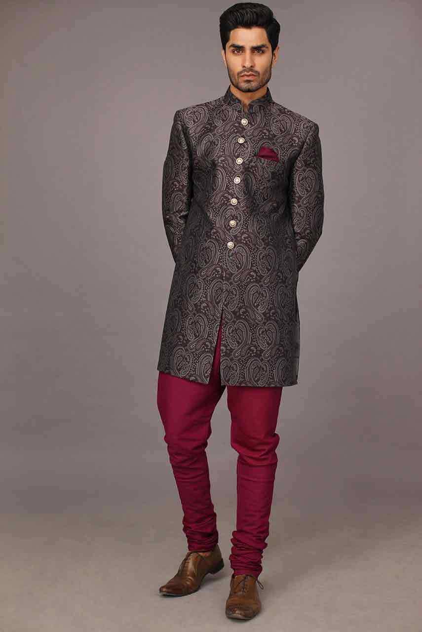 latest grey and magenta stylish pakistani groom wedding sherwani designs 2017 for mehndi