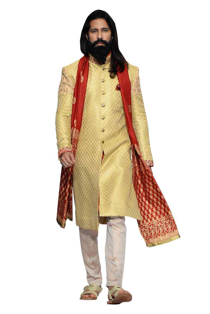 new cream pakistani groom wedding sherwani designs 2017 for mehndi with red dupatta