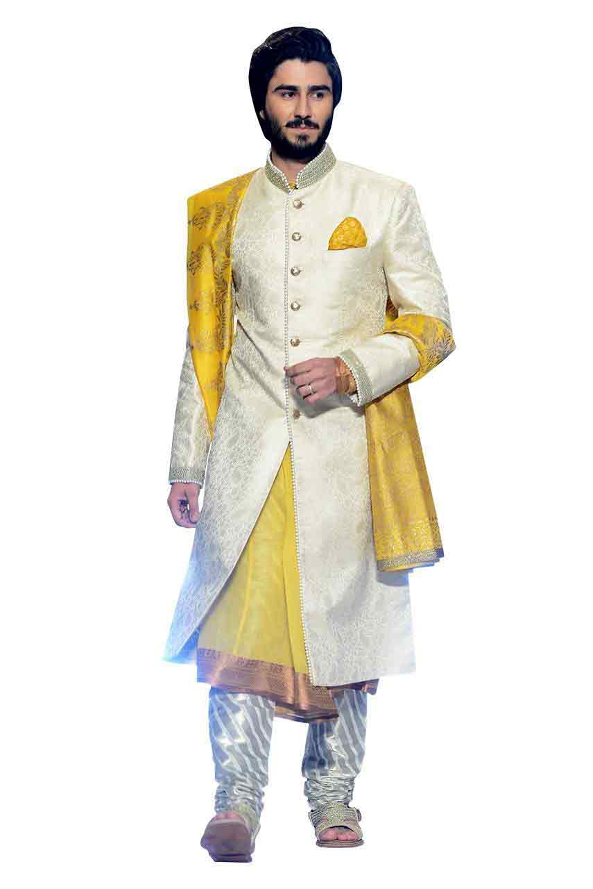 classy white and yellow pakistani groom wedding sherwani designs 2017 for mehndi with dupatta