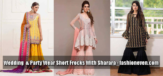 latest wedding and party wear short shirts and frock designs with sharara and trouser 2018