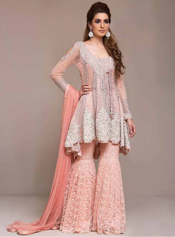 best stylish light pink and peach short frock with sharara dress for wedding barat function