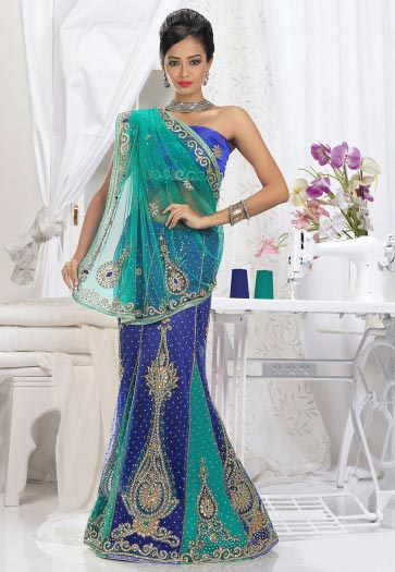 best blue and ferozi designer saree for wedding in 2018