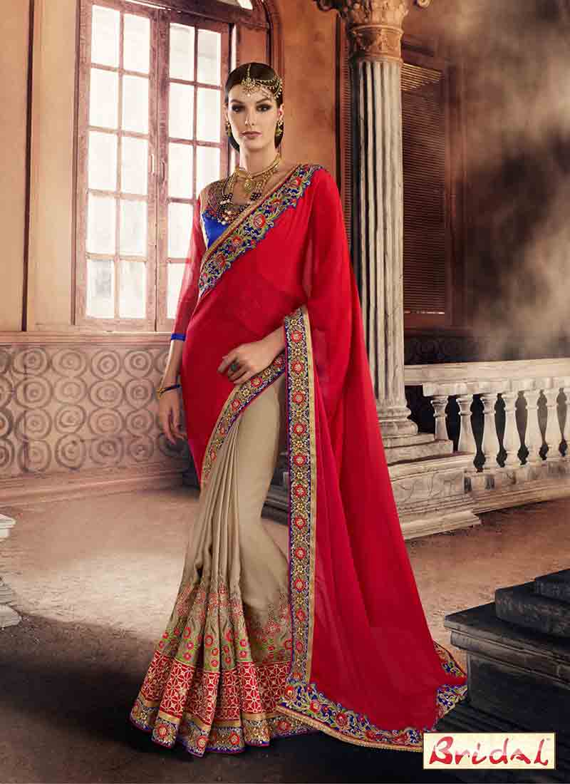 New red and skin designer saree for wedding reception in 2018