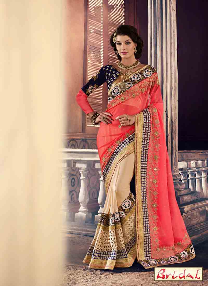 Peach pink and blue designer saree for wedding in 2018