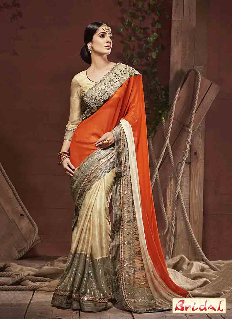 latest orange and golden designer saree for wedding in 2018