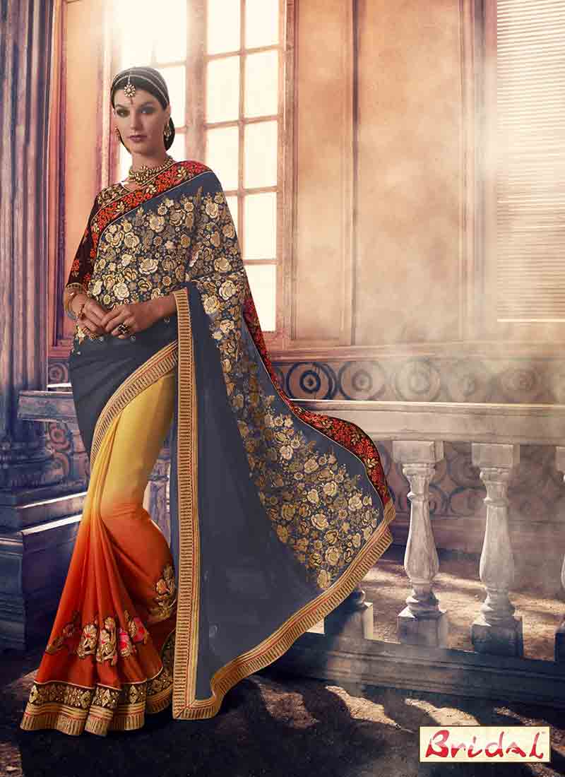 amazing blue and yellow designer saree for wedding in 2018