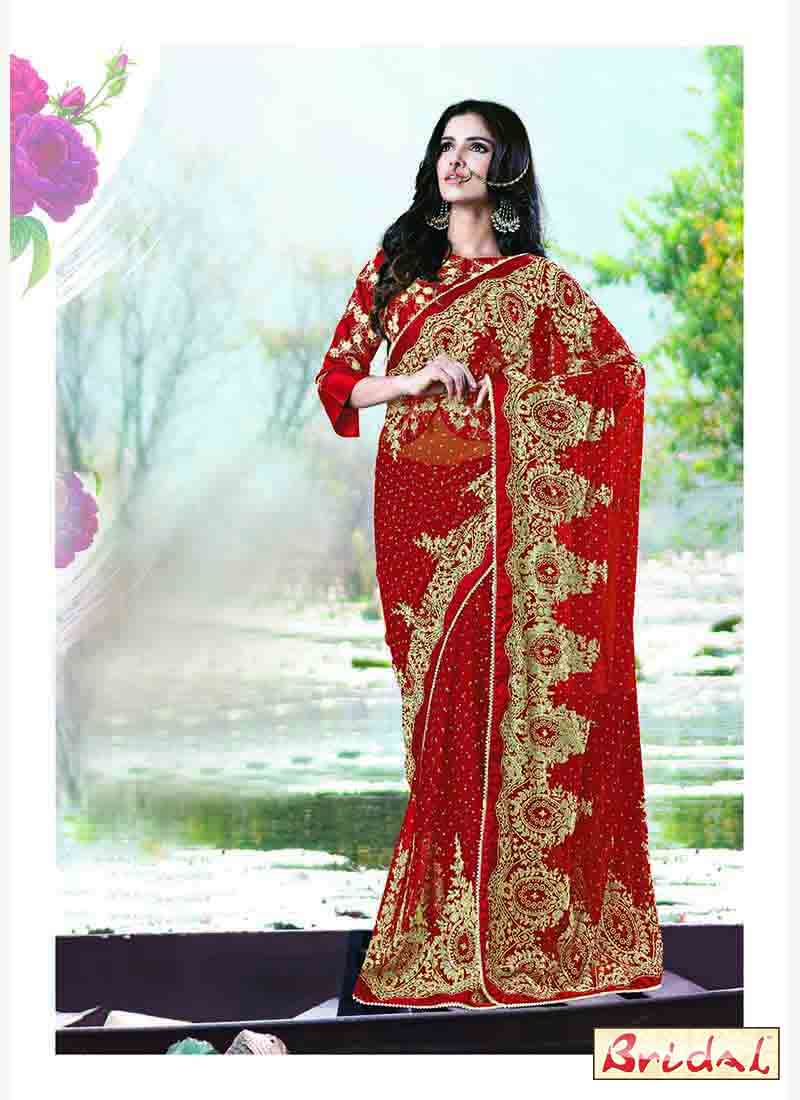 beautiful blood red and golden designer saree for wedding reception in 2018