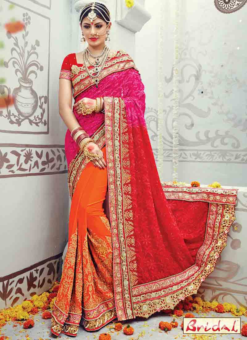 best orange pink and red saree designs for wedding in 2018