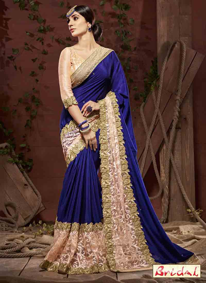 trendy royal blue silk designer saree for wedding in 2018