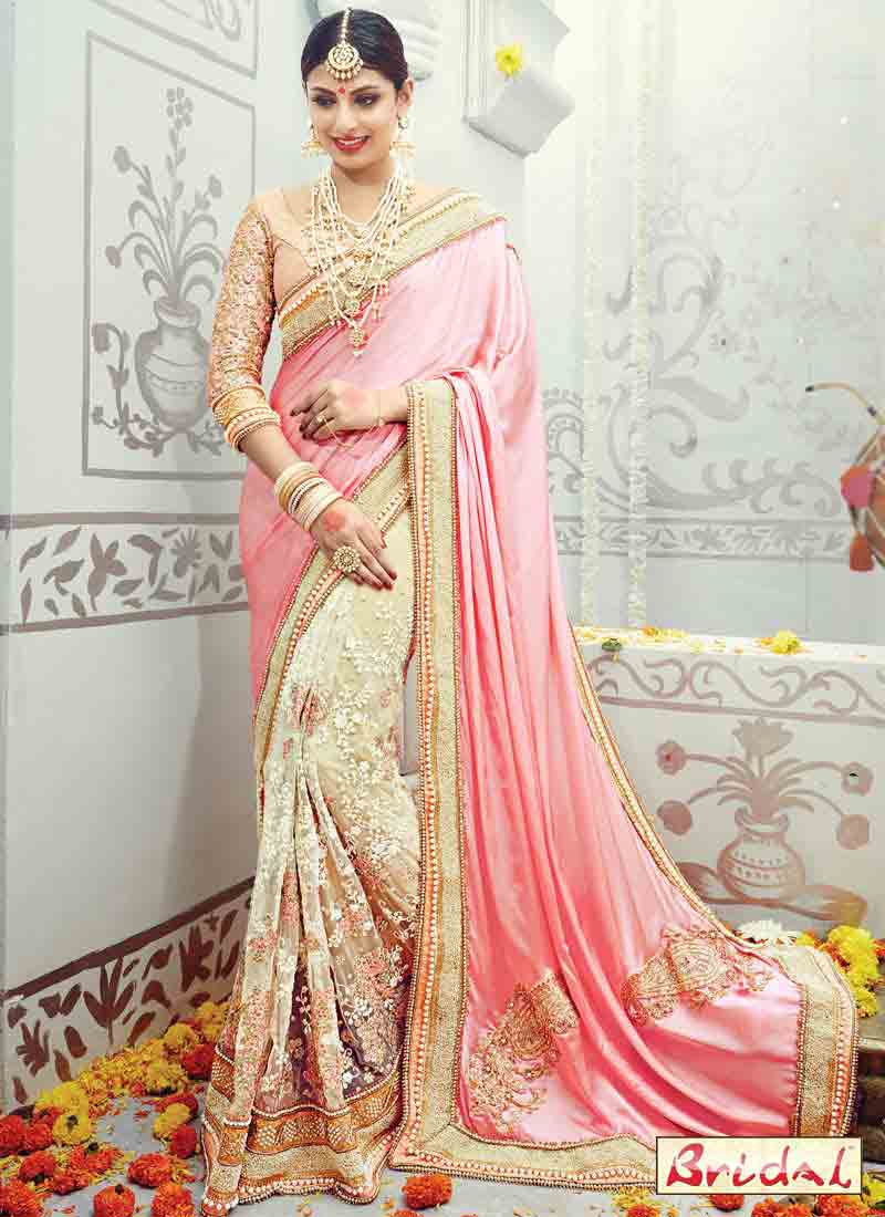 beautiful light pink and off white designer saree for wedding in 2018