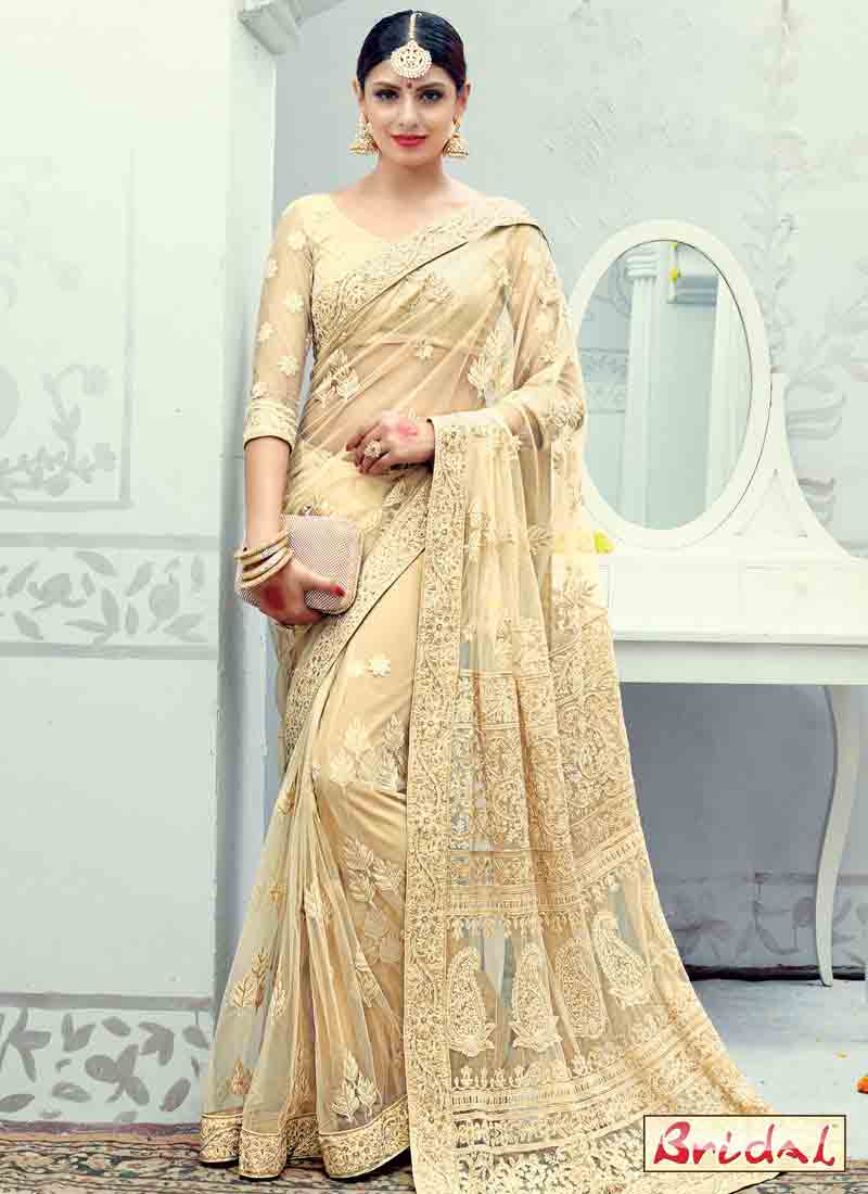 best golden beige net designer saree for wedding in 2018