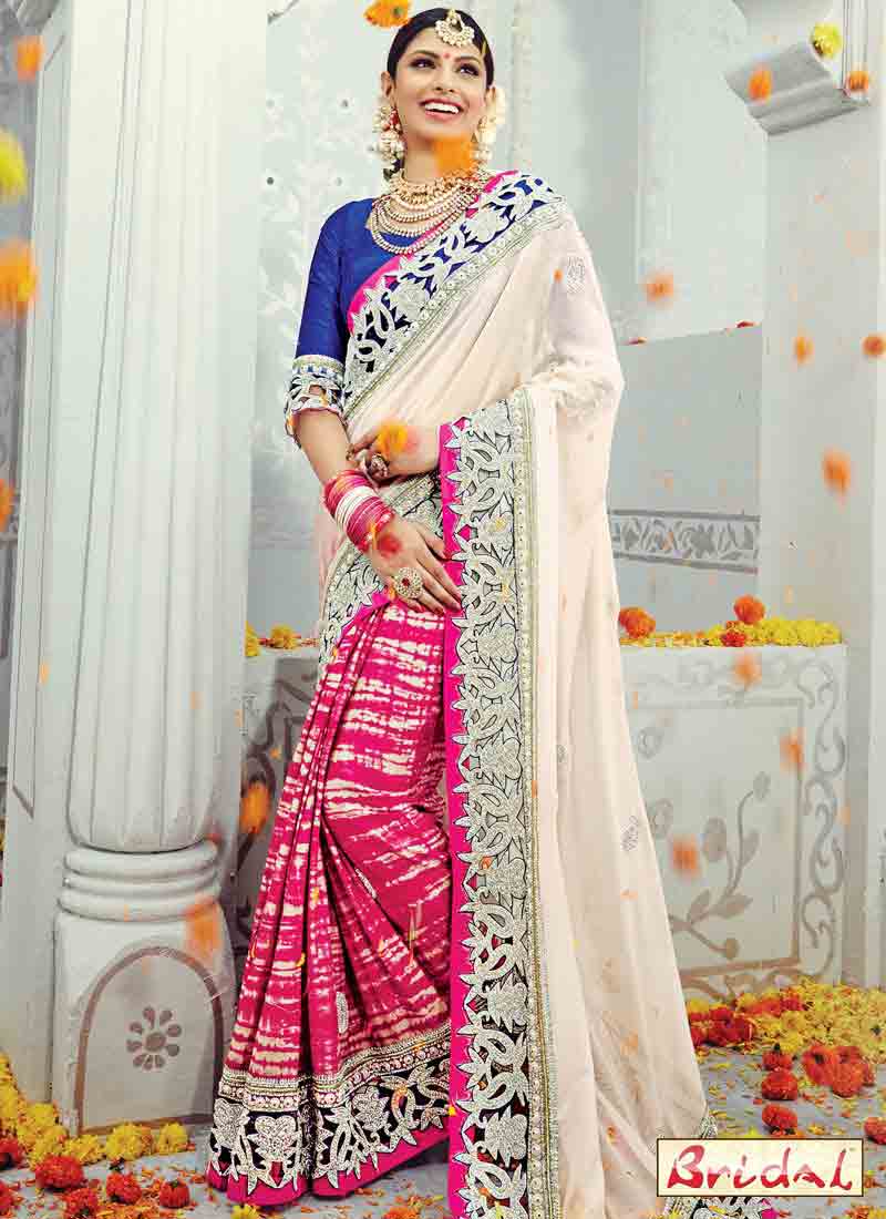 amazing pink white and blue designer saree for wedding in 2018