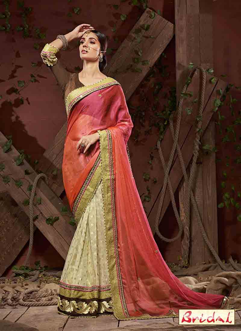 gorgeous orange and white designer saree for wedding in 2018