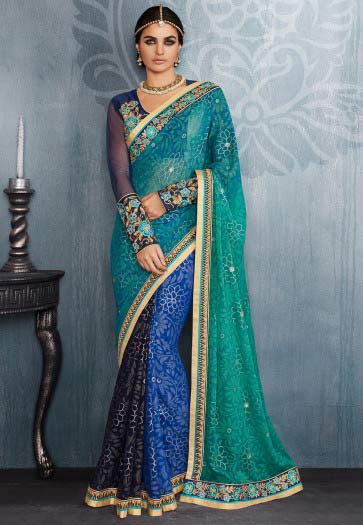 amazing blue and ferozi designer saree for wedding in 2018