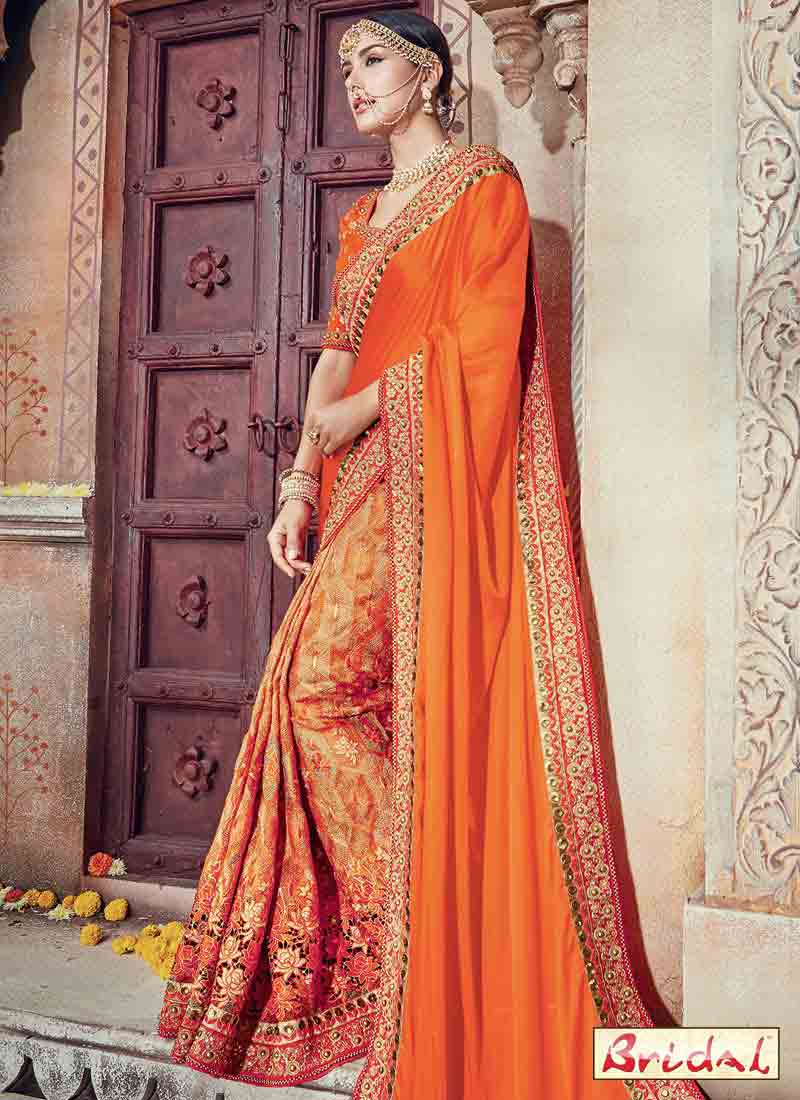 classy orange silk designer saree for wedding in 2018