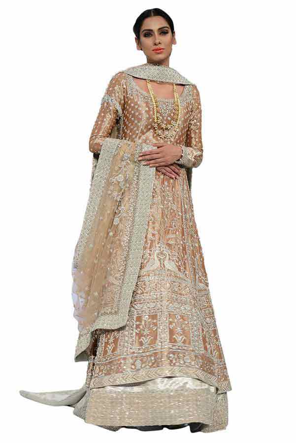 fully embroidered heavy work peach latest bridal wedding lehenga dress designs 2017 with long shirt