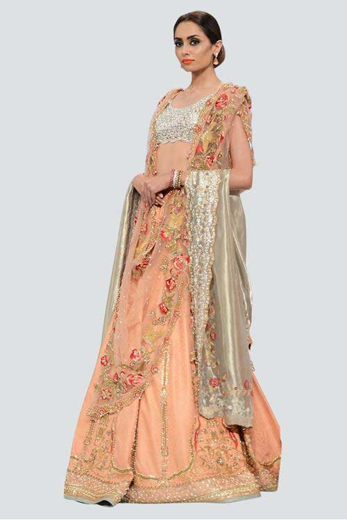 new silver and peach latest bridal wedding lehenga dress designs 2017 with dupatta