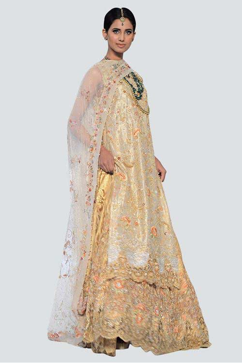 new fully embroidered golden latest bridal wedding lehenga dress designs 2017 with dupatta