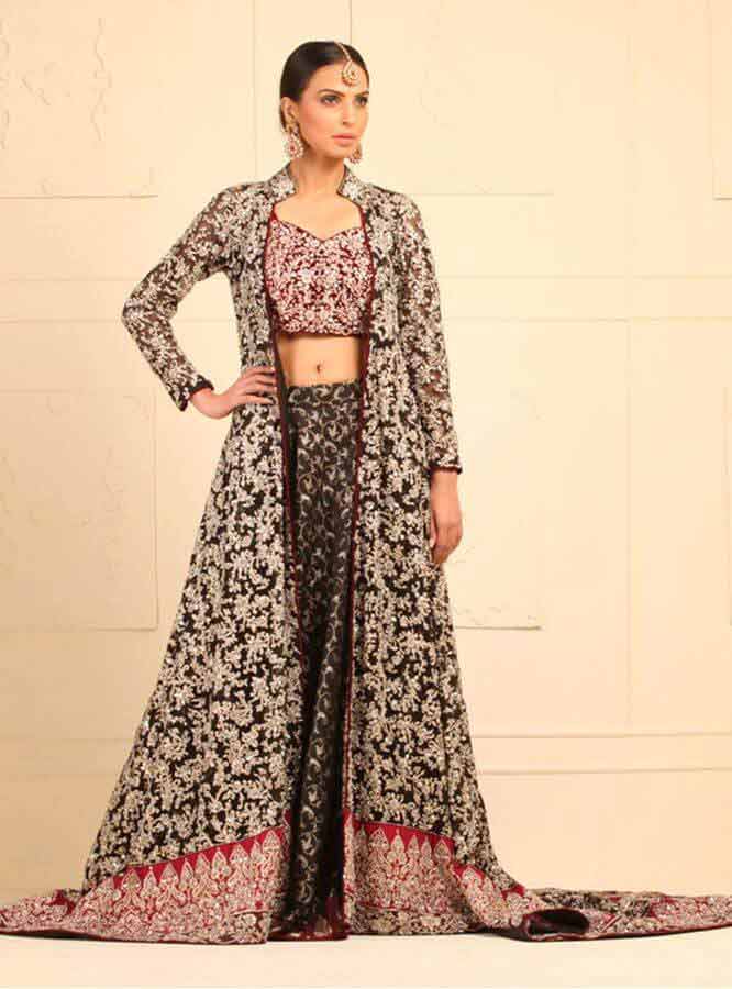 latest black designers lehnga choli with gown style for wedding bridal 