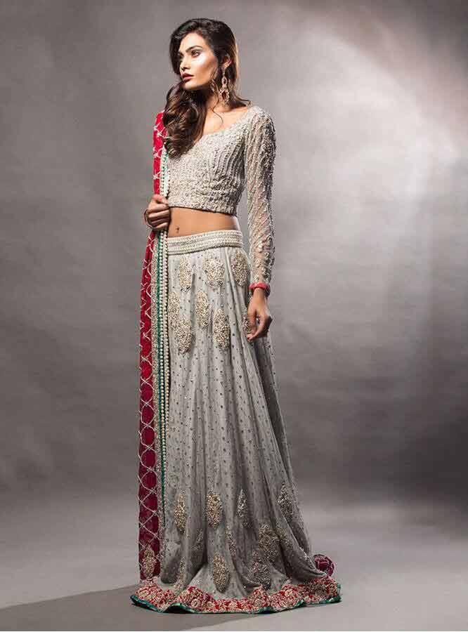 new grey and red latest bridal wedding lehenga dress designs 2017 for barat day