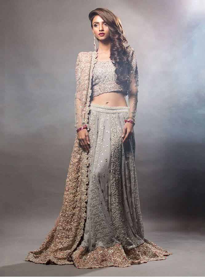 designers grey and golden latest bridal wedding lehenga dress designs 2017 for barat day