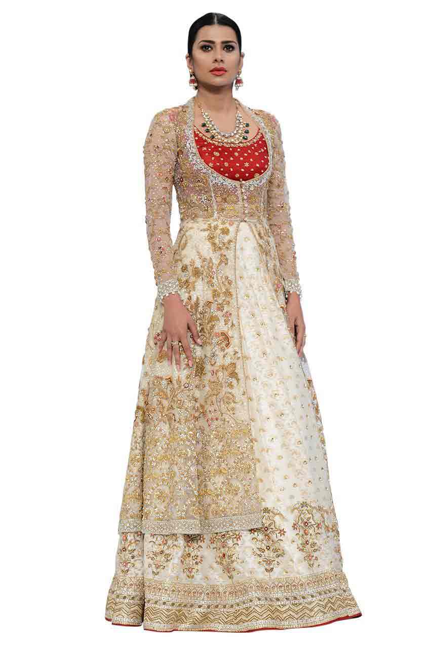 red white and golden front open shirt and red choli with latest bridal wedding lehenga dress designs 2017