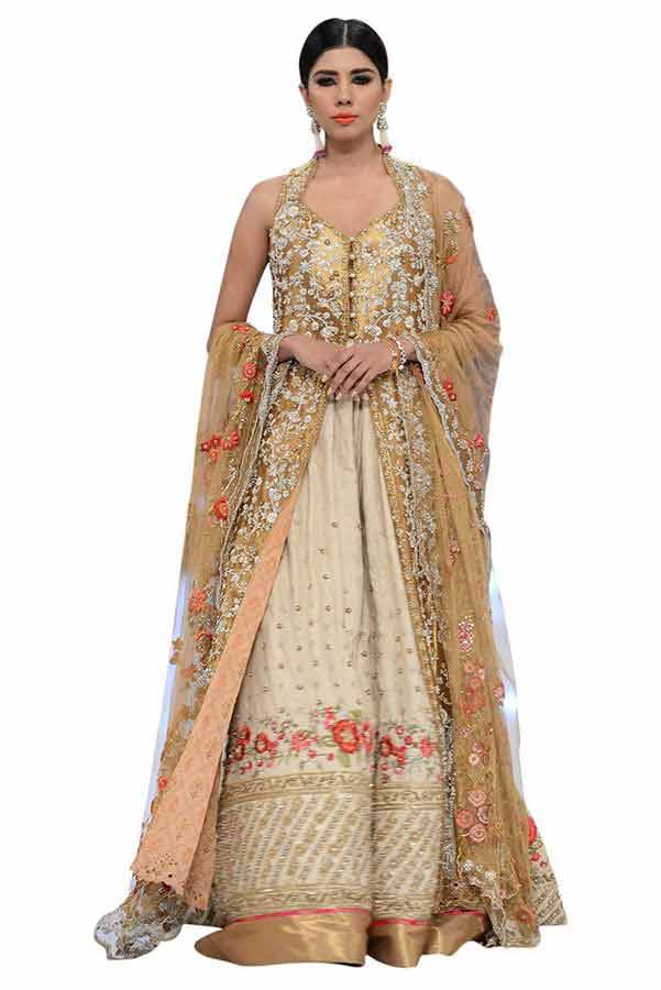 golden and white front open log shirt with latest bridal wedding lehenga dress designs 2017