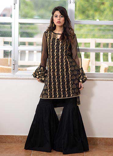 latest black embroidered short shirt with sharara dress for barat day