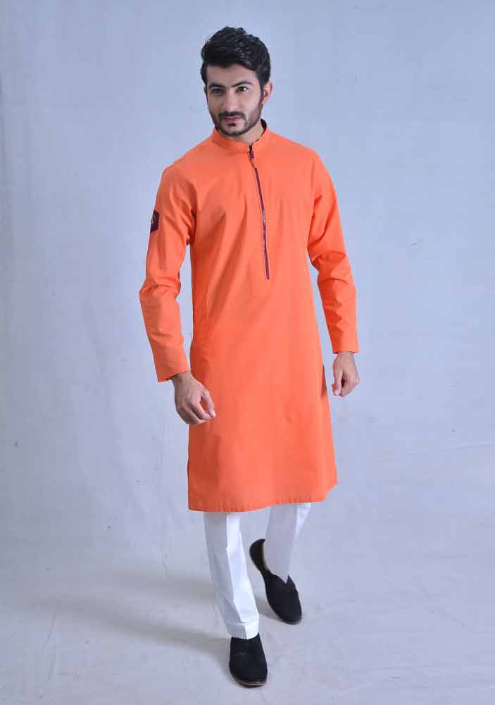 trendy orange best pakistani men kurta shalwar kameez designs 2017 with white trouser or pajama pants