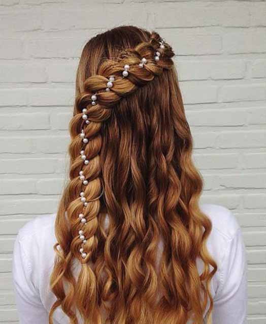stylish three strand braided hairstyle with pearls adorned eid hairstyles 2017 for pakistani girls for long hair length