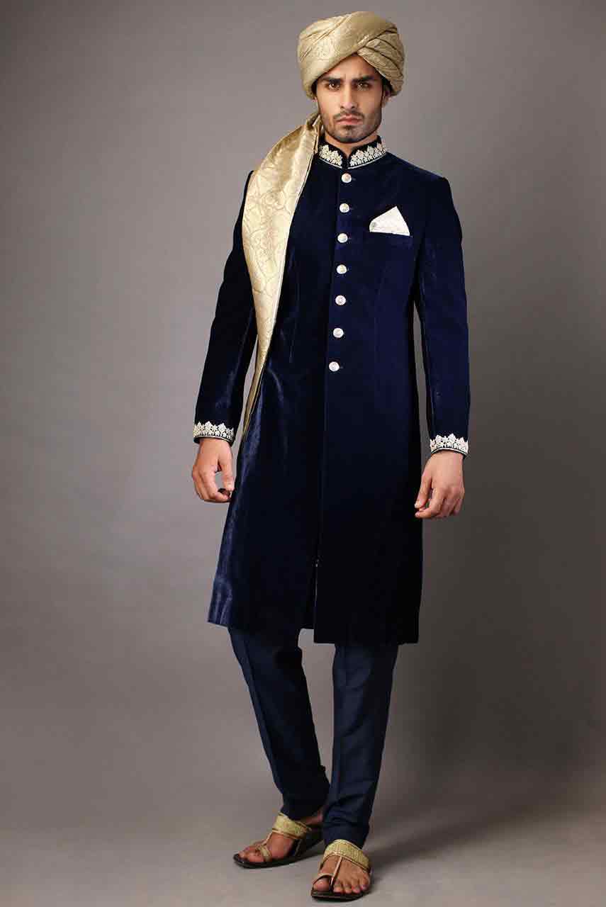 best stylish navy blue pakistani mens wedding sherwani barat dresses 2017 with golden pagri or turban