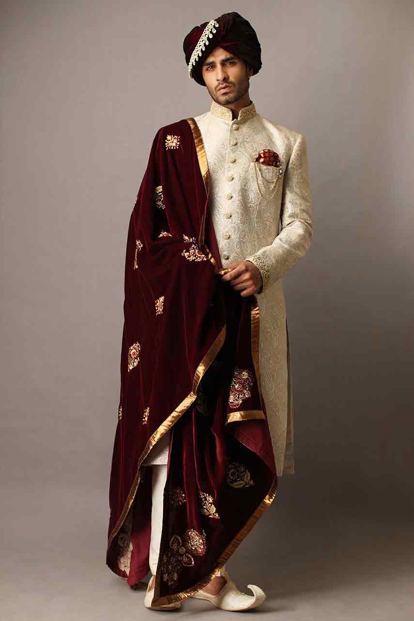 amazing off white pakistani mens wedding sherwani barat dresses 2017 with maroon dupatta and pagri or turban