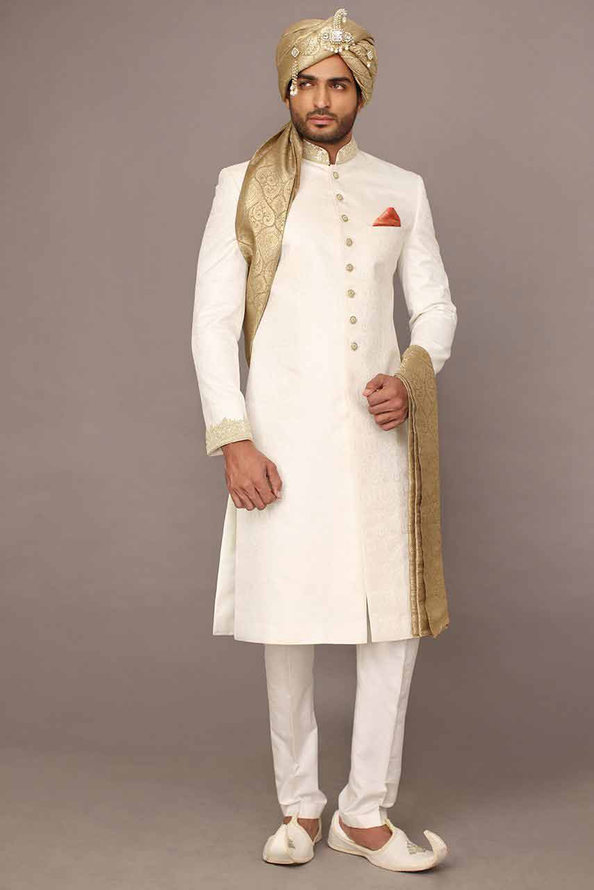 new white pakistani mens wedding sherwani barat dresses 2017 with golden turban or pagri