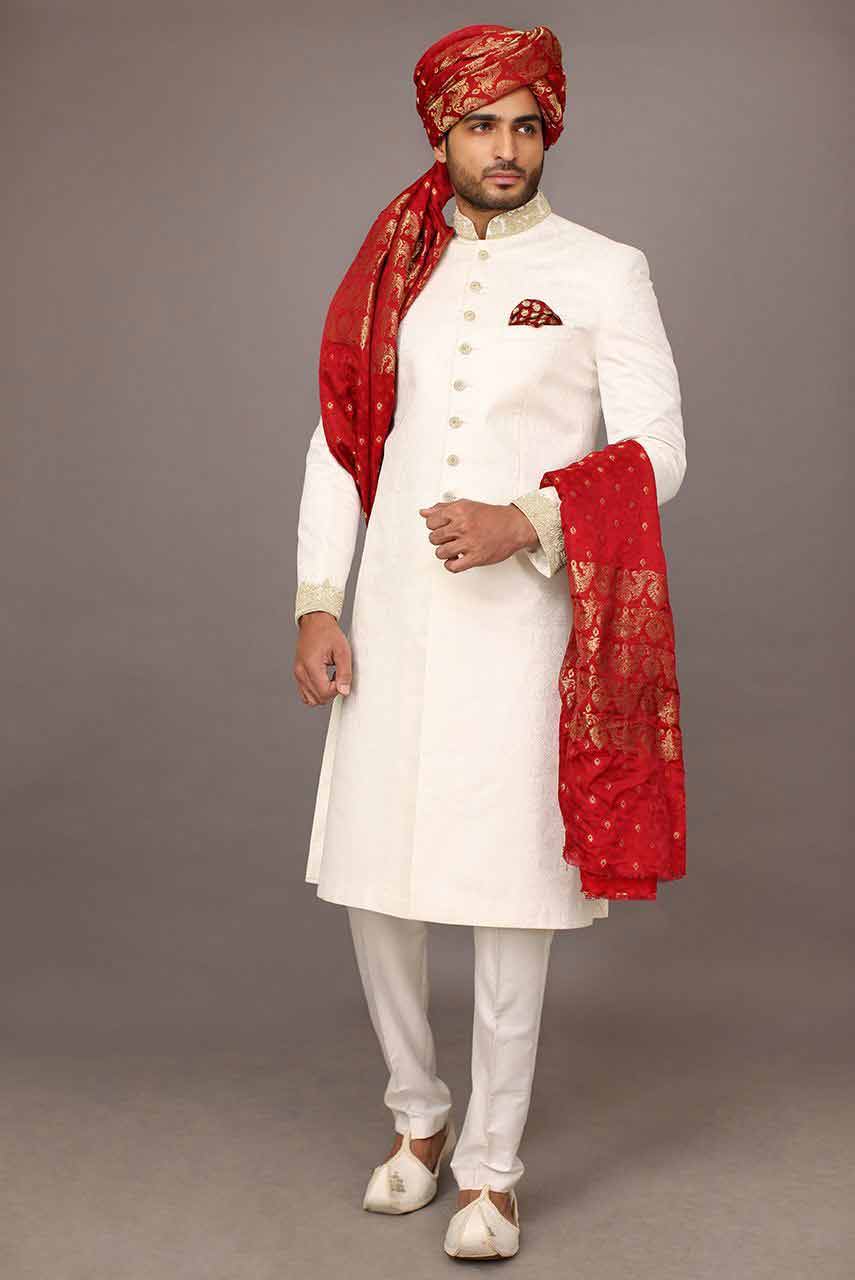 best white latest pakistani mens wedding sherwani barat dresses 2017 with red turban