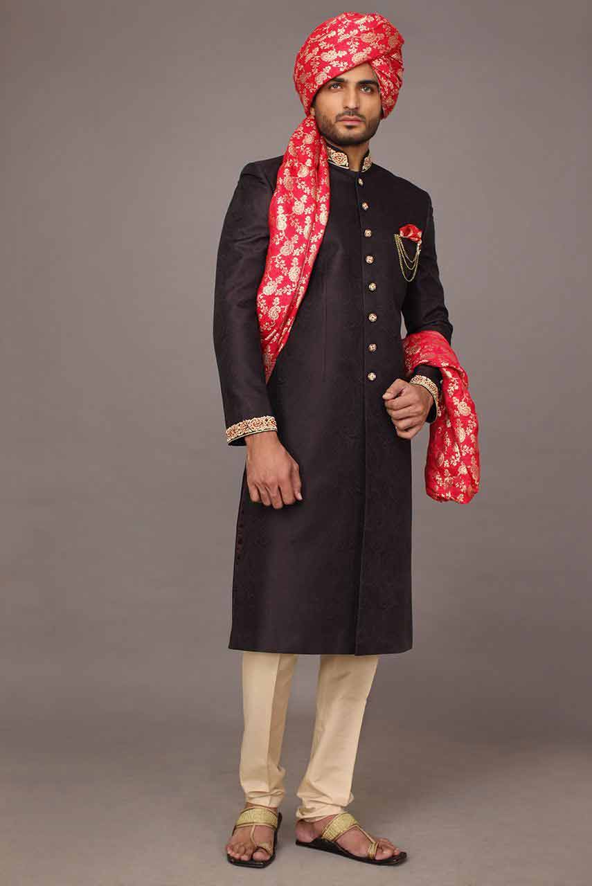 best stylish black pakistani mens wedding sherwani barat dresses 2017 with pink turban or pagri and patka