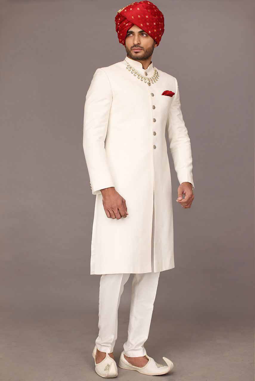 latest white best pakistani mens wedding sherwani barat dresses 2017 with red turban or pagri