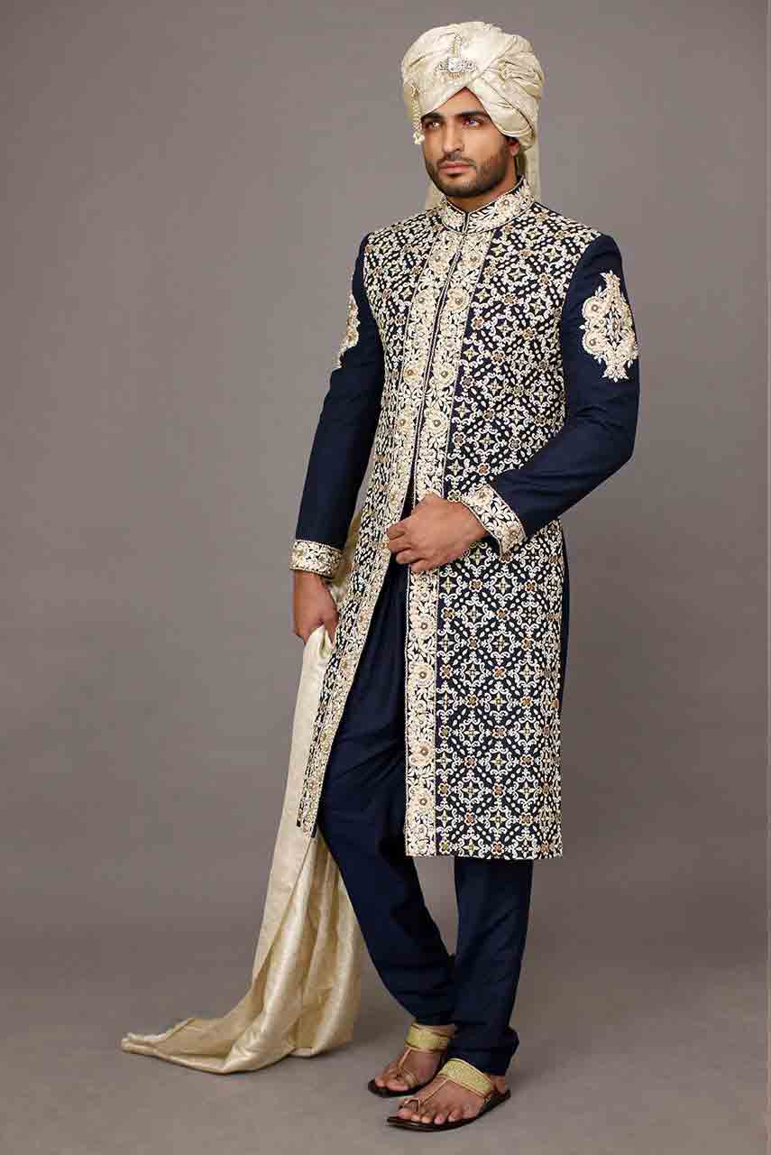 modern navy blue and white best pakistani mens wedding sherwani barat dresses 2017 with white turban and patka or scarf