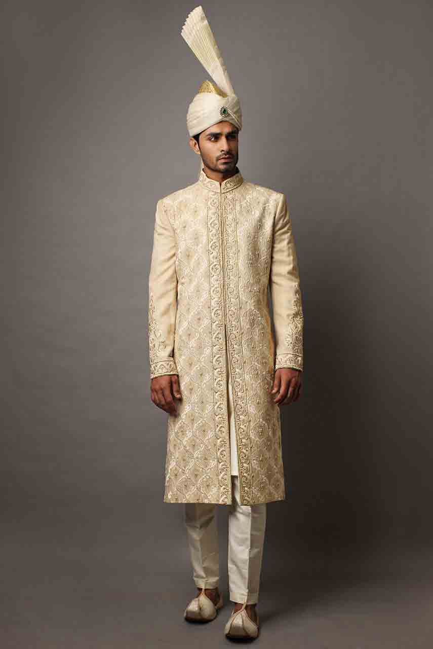 classy off white best pakistani mens wedding sherwani barat dresses 2017 with turban