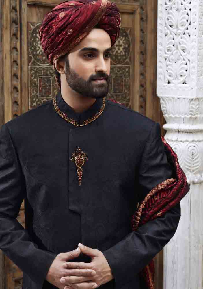 latest black pakistani mens wedding sherwani barat dresses 2017 with maroon pagri or turban