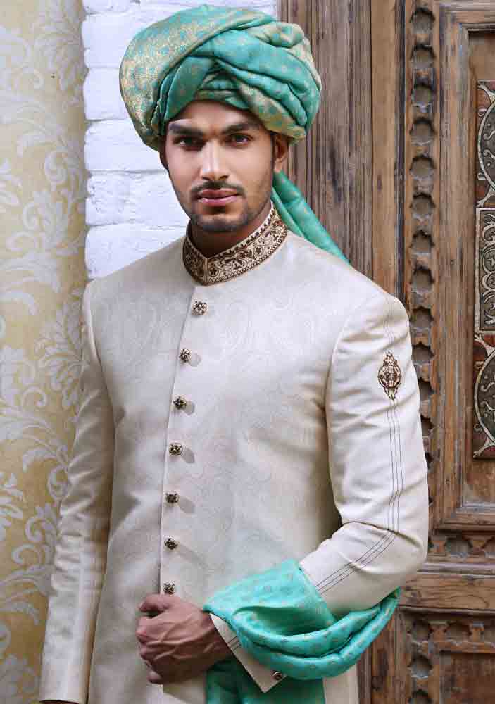 amazing off white pakistani mens wedding sherwani barat dresses 2017 with sea green turban or pagri