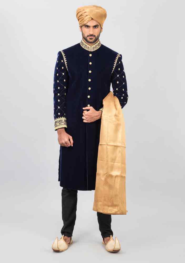 latest dark blue pakistani mens wedding sherwani barat dresses 2017 with golden pagri or turban